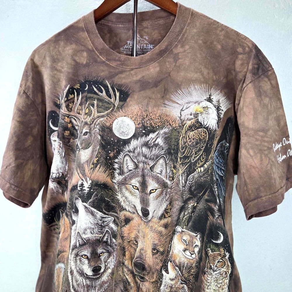 Vintage Y2K The Mountain Northern Wildlife Collage Tie Dye T Shirt Sz L